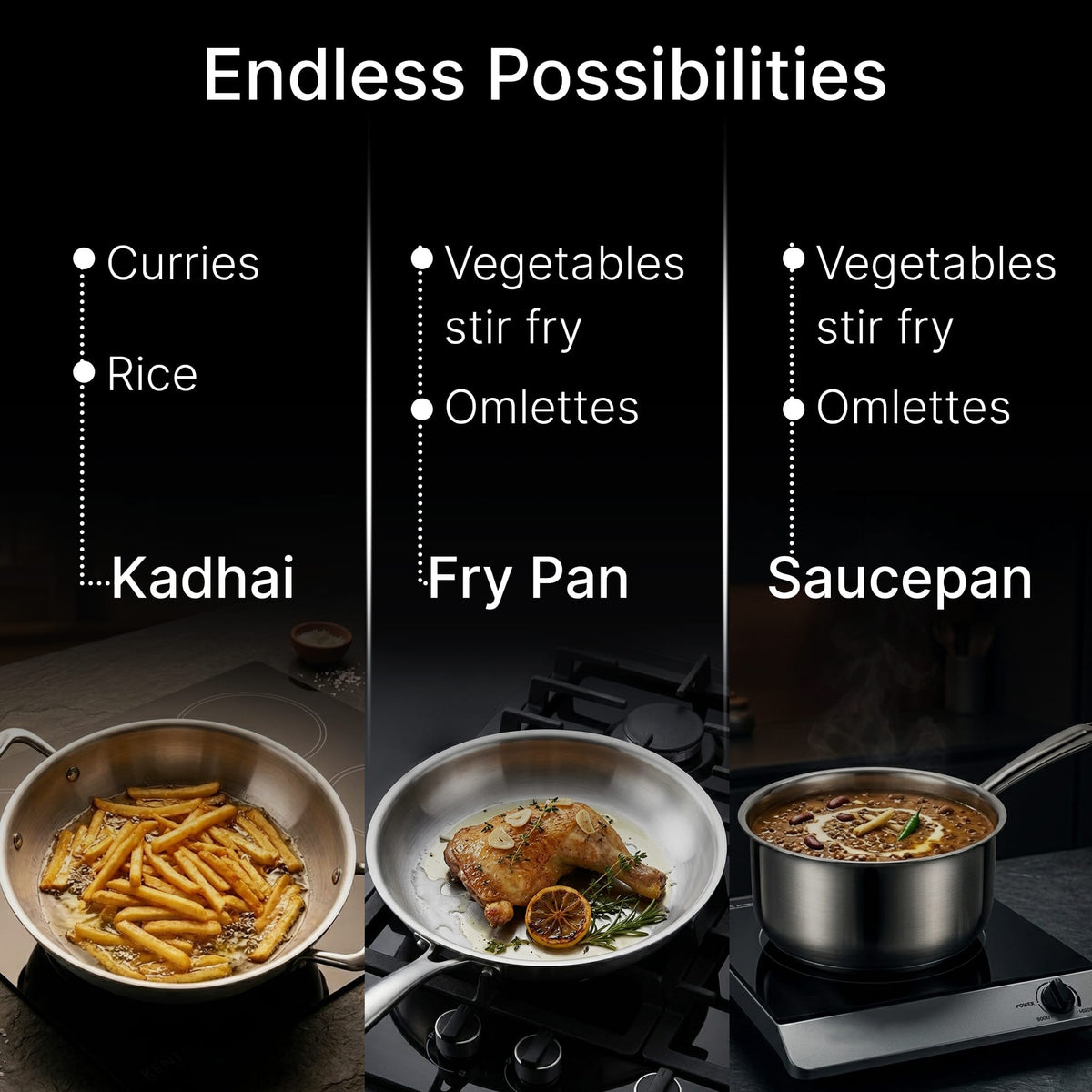 Regency Triply Cookware Set of 3, 24 cm Kadai (2.7L), 24 cm Fry Pan (2.2L) & 16 cm Saucepan (1.5L)