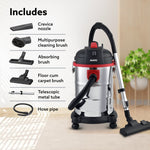 Ace Wet & Dry Vacuum Cleaner, 1600 Watts, 21.5 Kpa Suction Power, 30 Litres Tank Capacity, Home Use, Blower Function, Washable 3L Dust Bag, Stainless Steel Body (Black/Red/Steel)