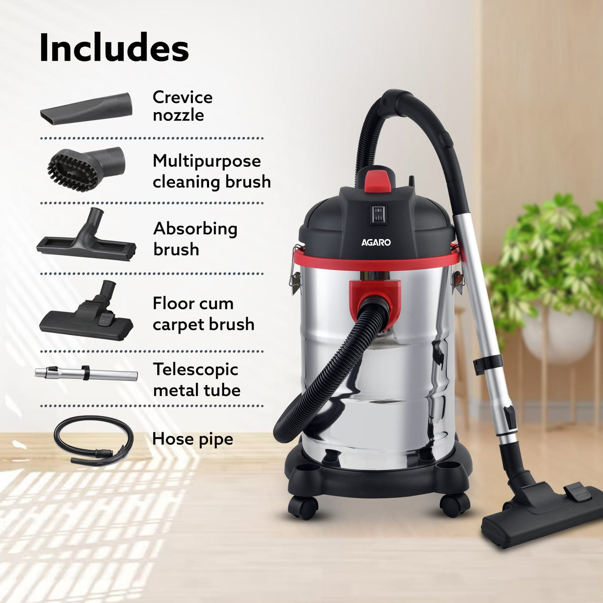 Ace Wet & Dry Vacuum Cleaner, 1600 Watts, 21.5 Kpa Suction Power, 30 Litres Tank Capacity, Home Use, Blower Function, Washable 3L Dust Bag, Stainless Steel Body (Black/Red/Steel)