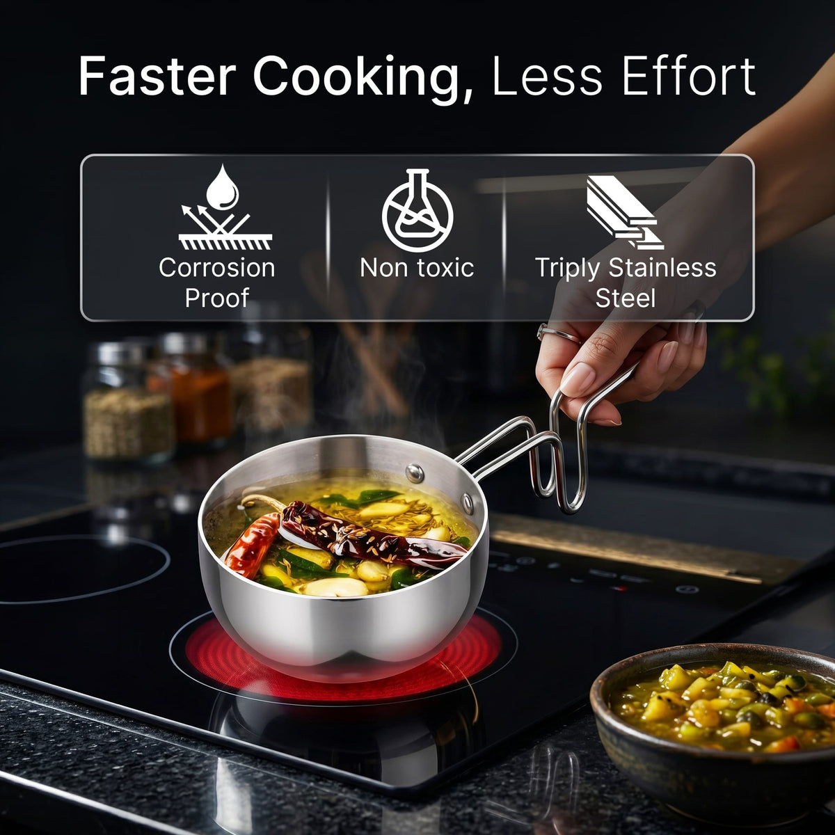 Regency 13 cm Triply Stainless Steel Tadka Pan, 350ml