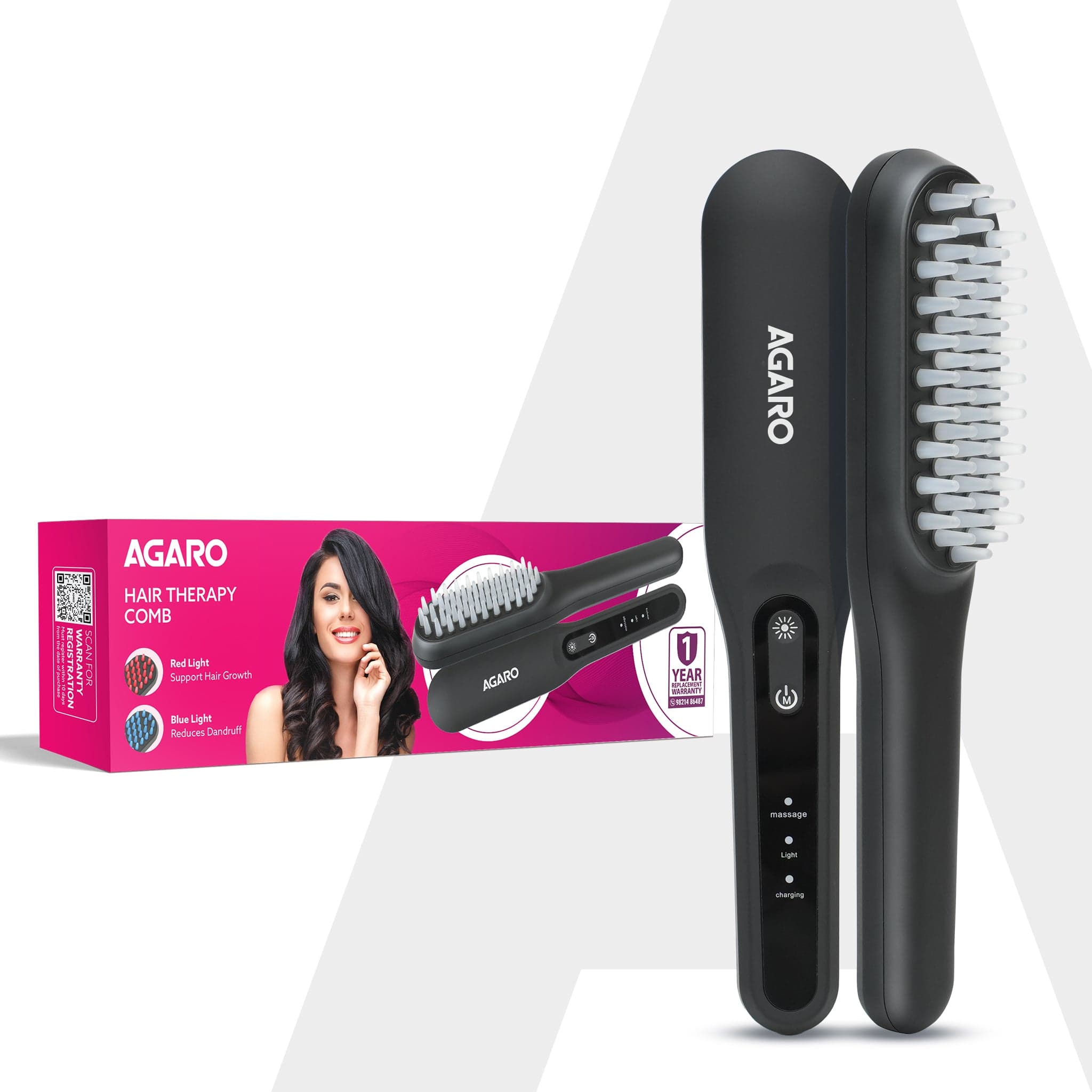 Rechargeable LED Hair Therapy Comb – Red & Blue Light with Vibration Massage | Boosts Growth, Reduces Hair Fall & Revives Scalp Health | Upto 120 Min Runtime, Unisex, Grey