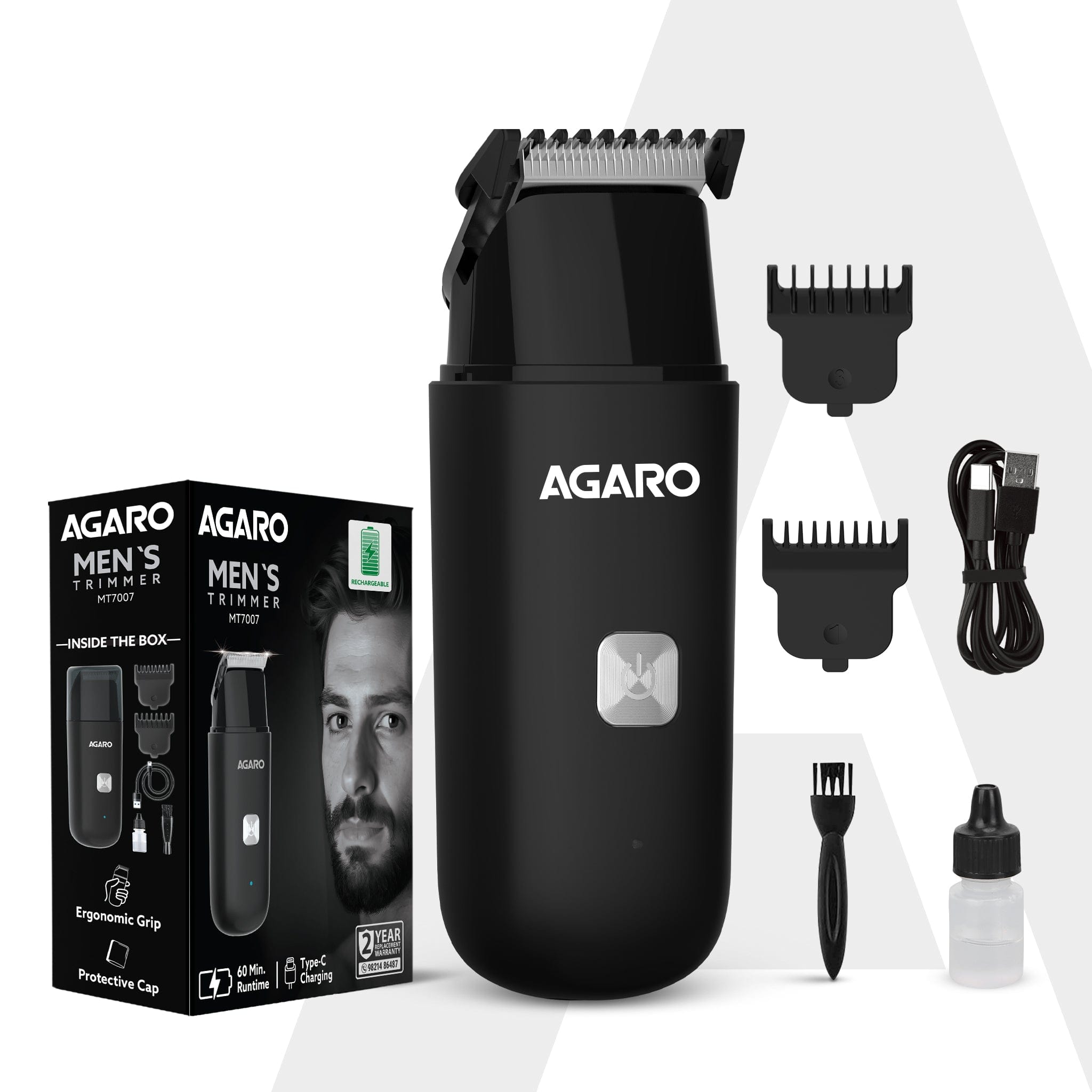 Beard Trimmer MT7007, 60 mins run time with Type C, 2pcs limit comb - 1mm & 3mm, Protective Cap, Washable Trimmer Head | Trimmer for Men