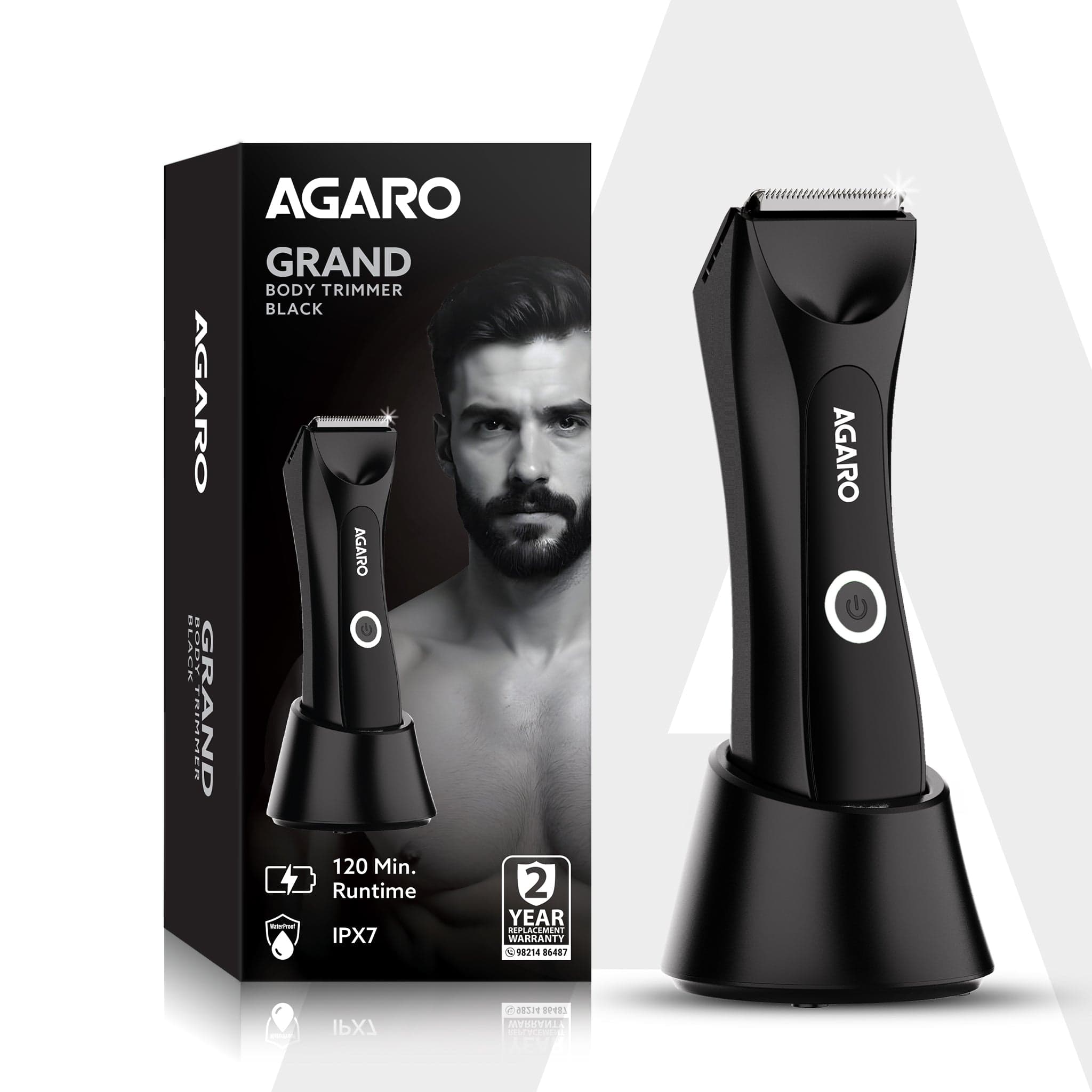 Grand Body Trimmer, For Beard, Body Shaving, 6 Length Settings, Self Sharpening Ceramic Blades, Waterproof (IPX7), Cordless, LED Torch, Dock Charging