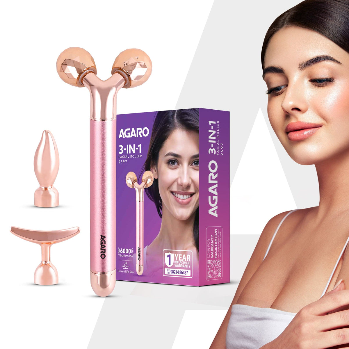 3-In-1 Face Roller, 3D V-Roller Head, Pointer Head, Facial Roller Kit for Face, Eye, Neck, Jade Roller, Anti-Aging Facial Massager for Anti-Wrinkle, (Rose Gold)