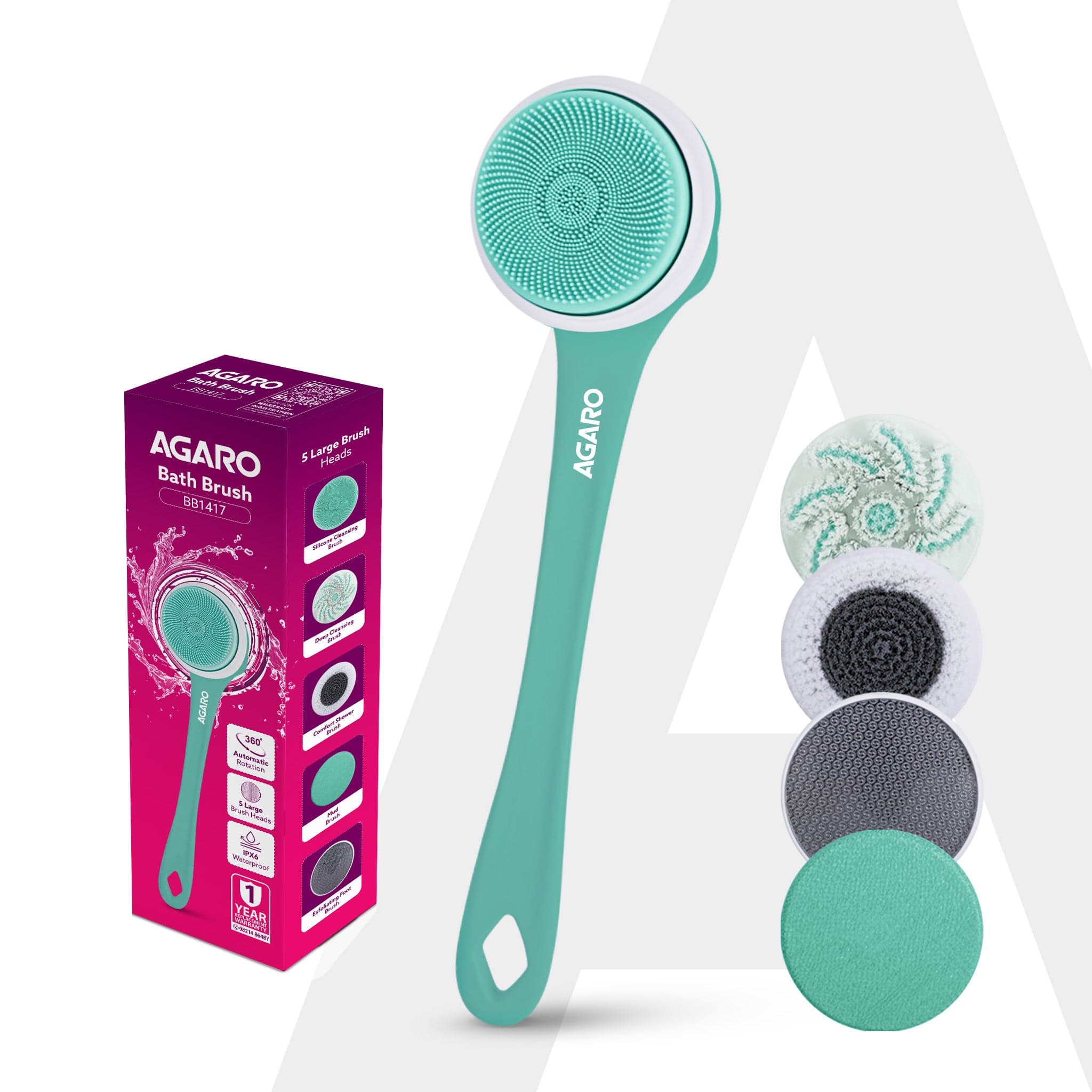 Electric Bath Brush – USB Rechargeable, IPX6 Waterproof | 5 Brush Heads, 3 Cleaning Modes, 360° Rotatable Electric Shower Brush with 14.5” Long Handle