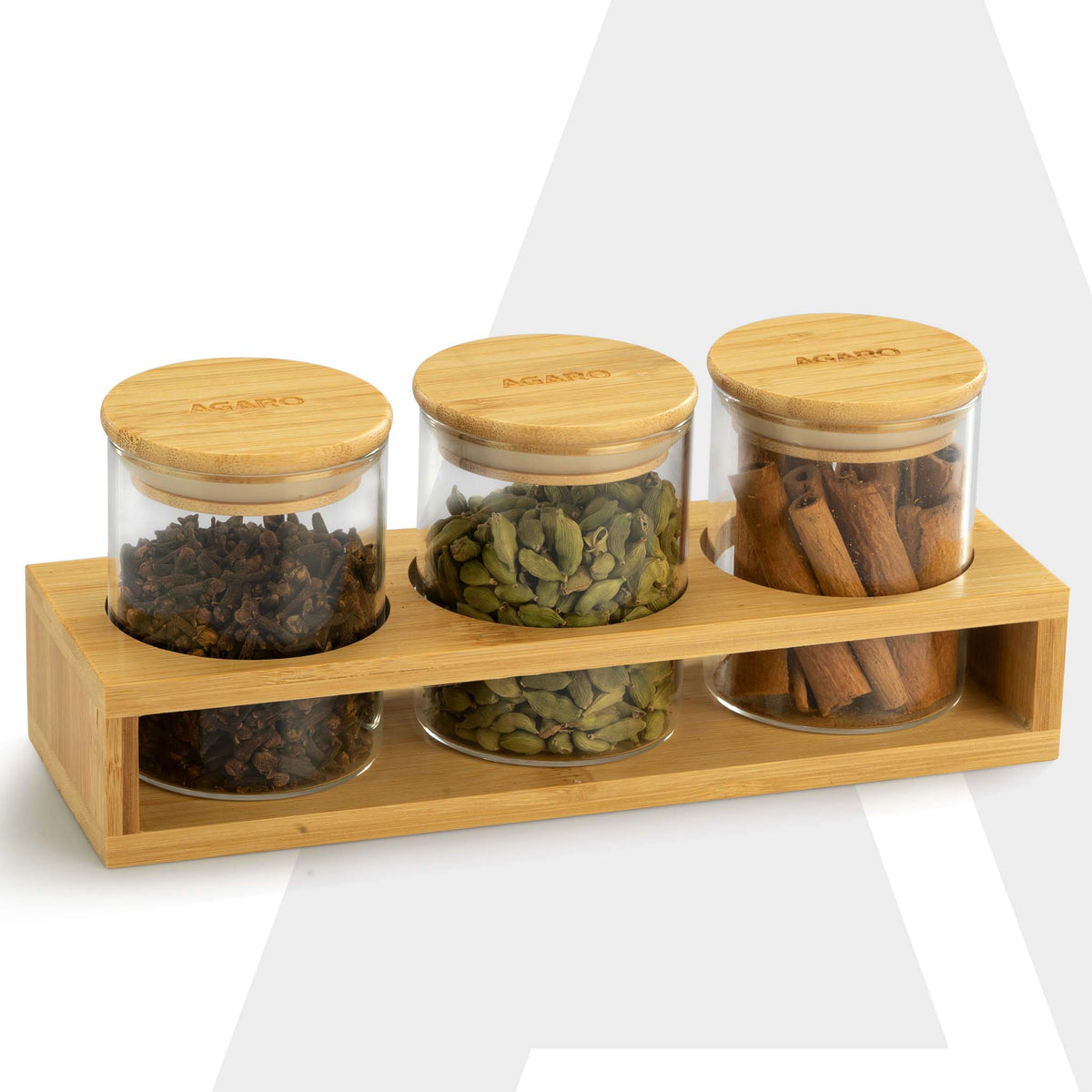 Elite Borosilicate Glass Jar 210 ml With Wooden Rack, Storage Glass Container, Transparent, Kitchen Organiser, Multipurpose Jar, Pack of 3