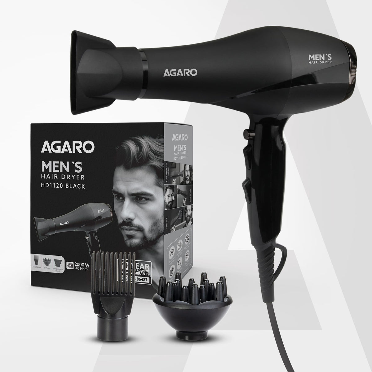 2000W AC Professional Hair Dryer with Comb, Concentrator & Diffuser Nozzles, Hot & Cold Air, 2 Speed & 3 Temperature Settings with Cool Shot, 16A Socket, Hair Dryer & Blower for Men, Black