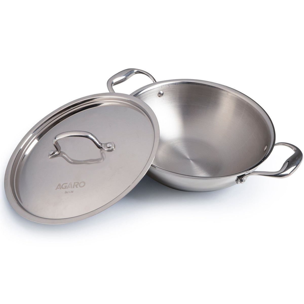 Regency Tri-Ply Steel Kadai, 2.75L Capacity, 26 cm Diameter, Stainless Steel, Riveted  Handle, Food Safe, Gas Oven and Induction Oven Compatible, Cooking, Frying, Serving, Silver