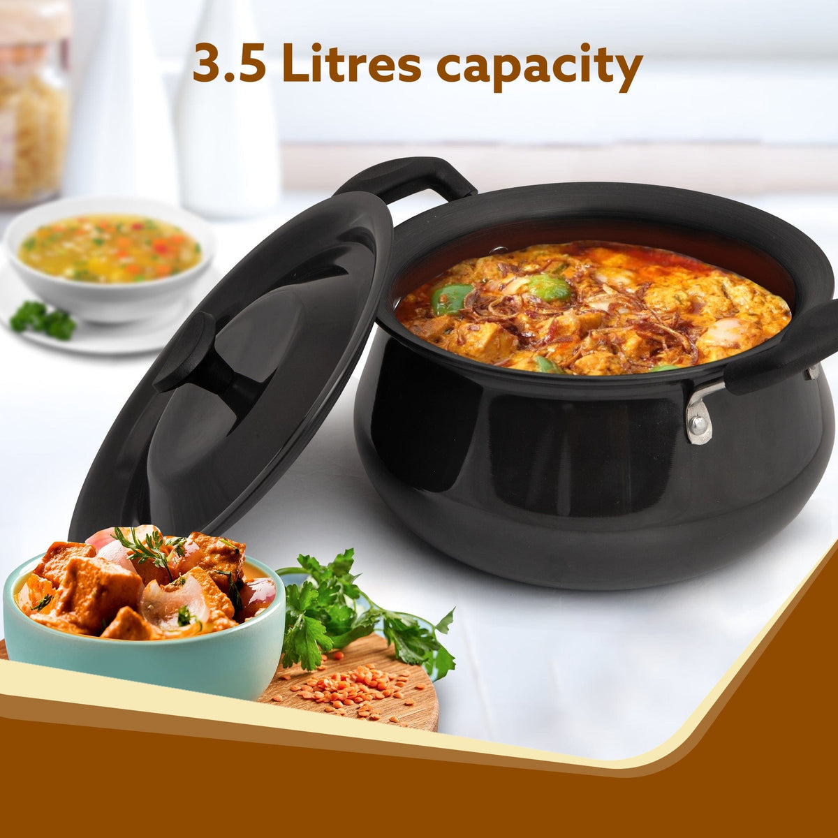 Elite Hard Anodised Handi, 3.5 Litres, Riveted handle, 3 mm Thick Plate, Gas Oven Compatible