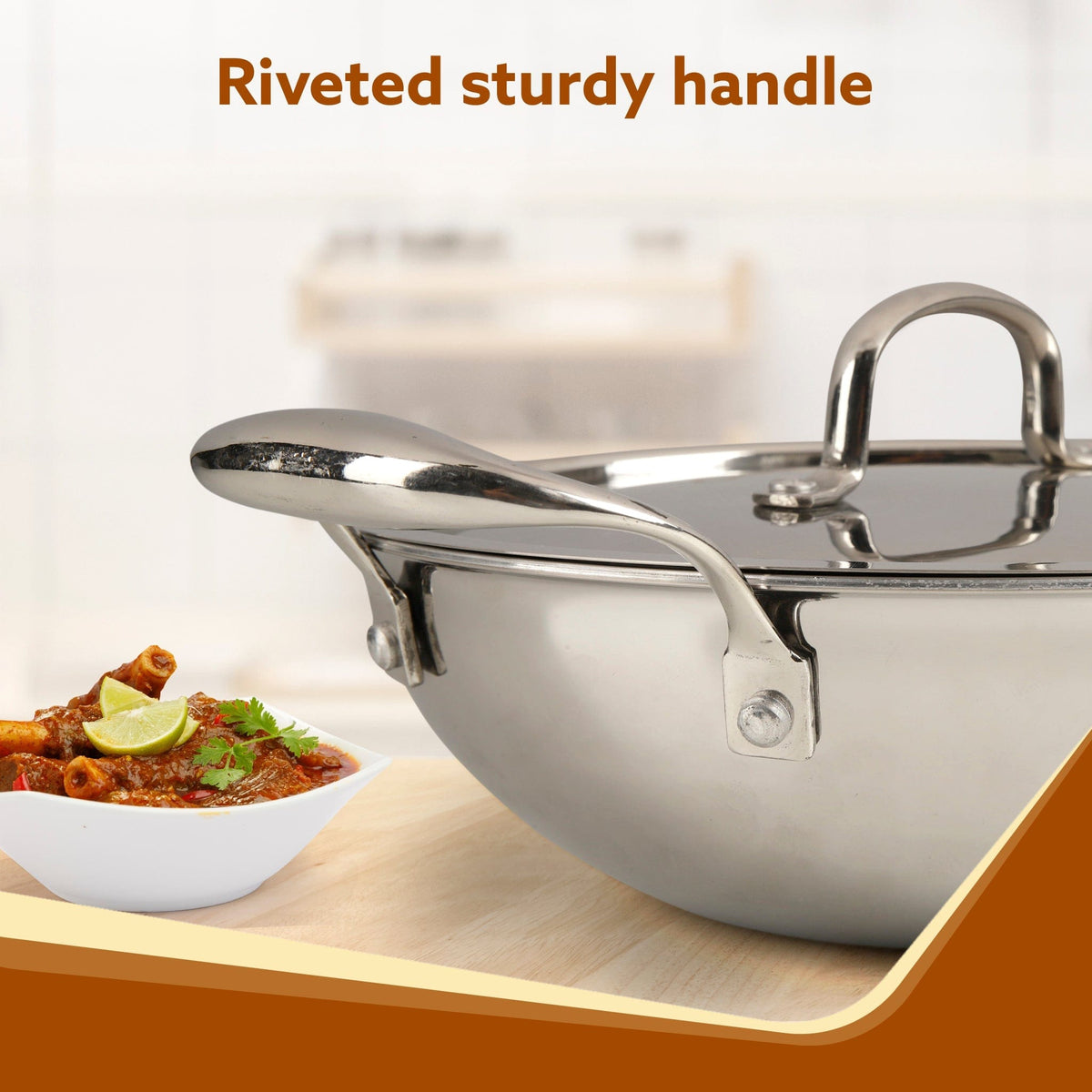 Regency Tri-Ply Steel Kadai, 2.75L Capacity, 26 cm Diameter, Stainless Steel, Riveted  Handle, Food Safe, Gas Oven and Induction Oven Compatible, Cooking, Frying, Serving, Silver
